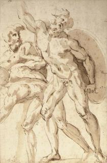 Bartolommeo Bandinelli - A nude warrior with a shield reaching up to the left, two crouching nudes to the left
