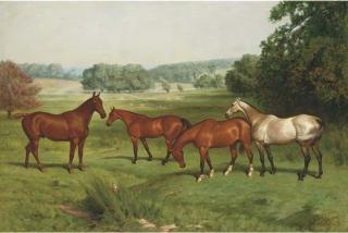Basil Nightingale - Four Hunters In A Parkland Landscape With Fallow Deer Beyond
