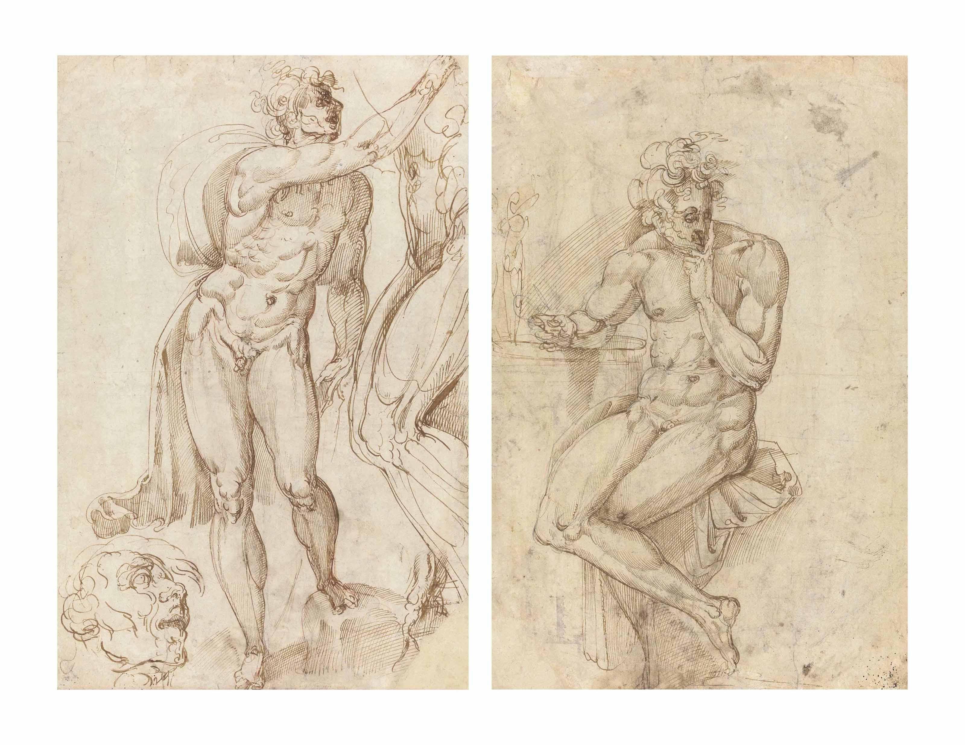 Battista Franco - Two male nudes seen from the front and side, with a subsidiary study of the head of the complete figure (recto); A seated male nude leaning on a table (verso)