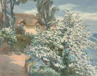 Beatrice Emma Parsons - A thatched cottage on the Devonshire coast, early spring