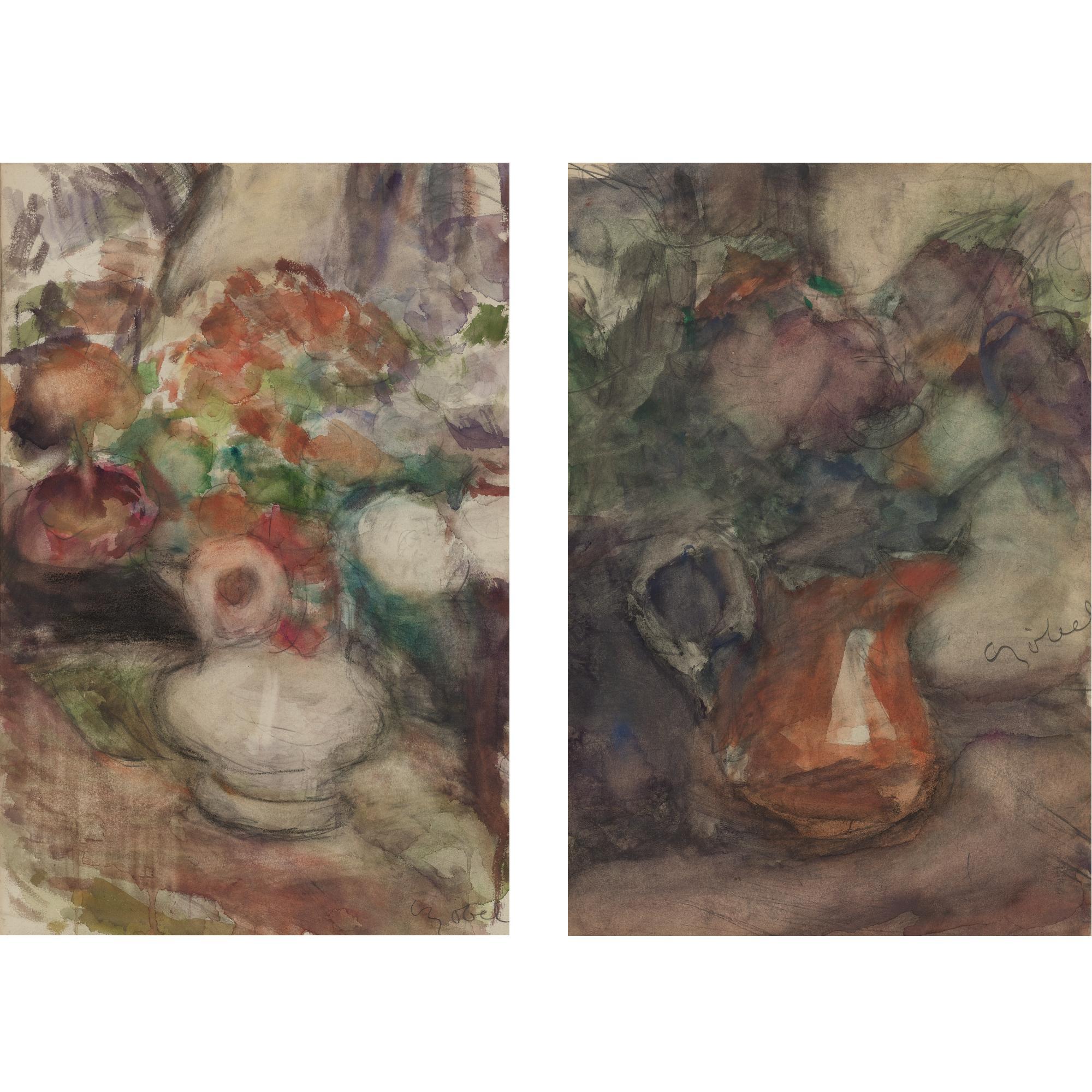 Béla Adalbert Czóbel - Flowers In A White Vase And Red Pitcher: Two Watercolors