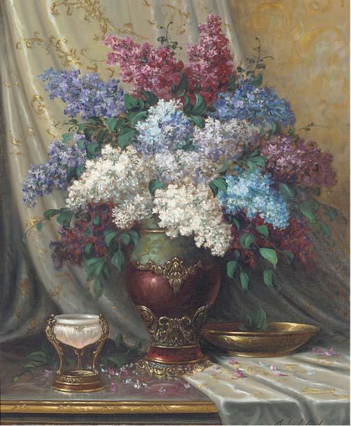 Bela Balogh - Lilacs in a vase, with a bowl to the side, on a table