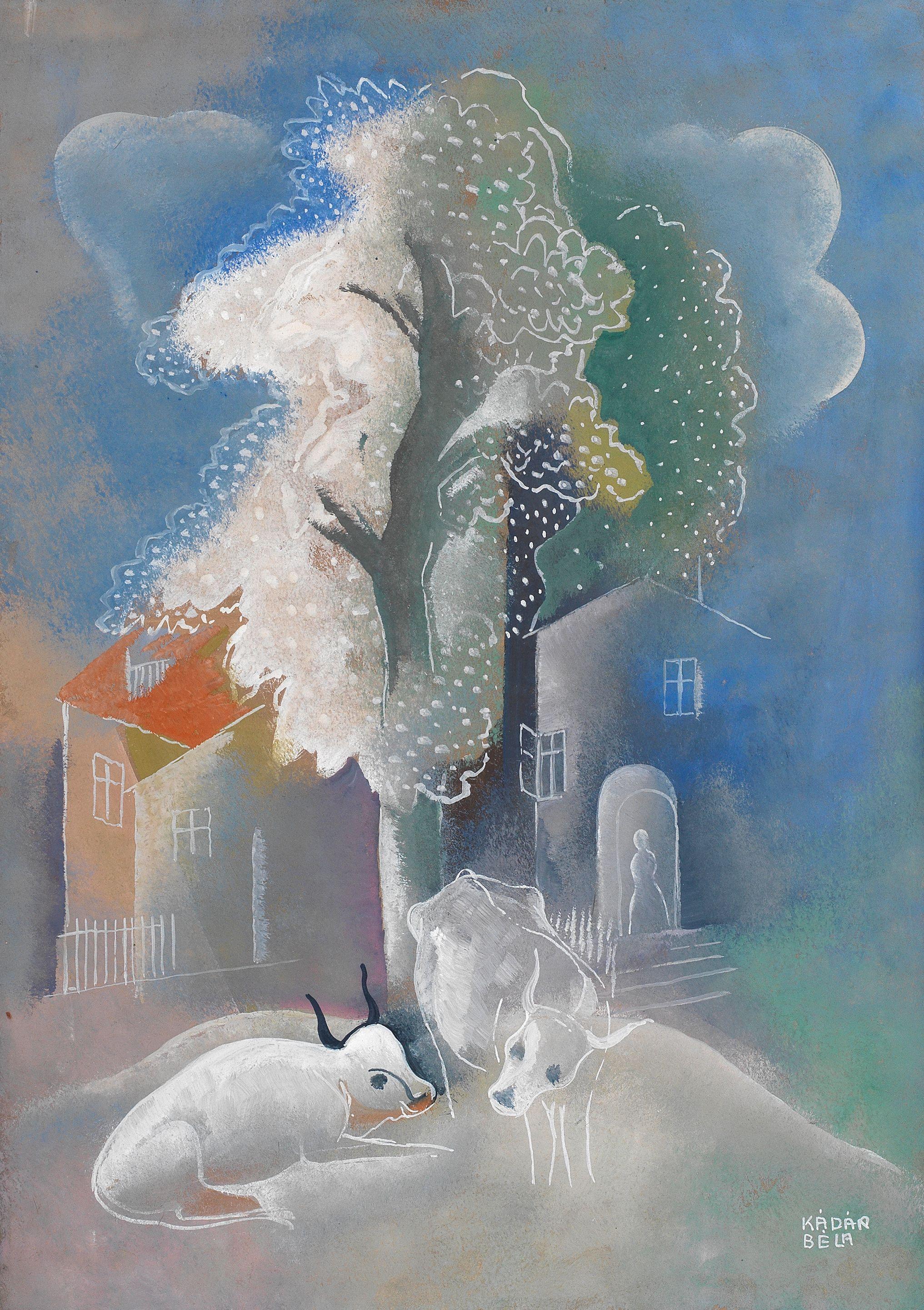 Béla Kádár - Cattle Before Farmstead