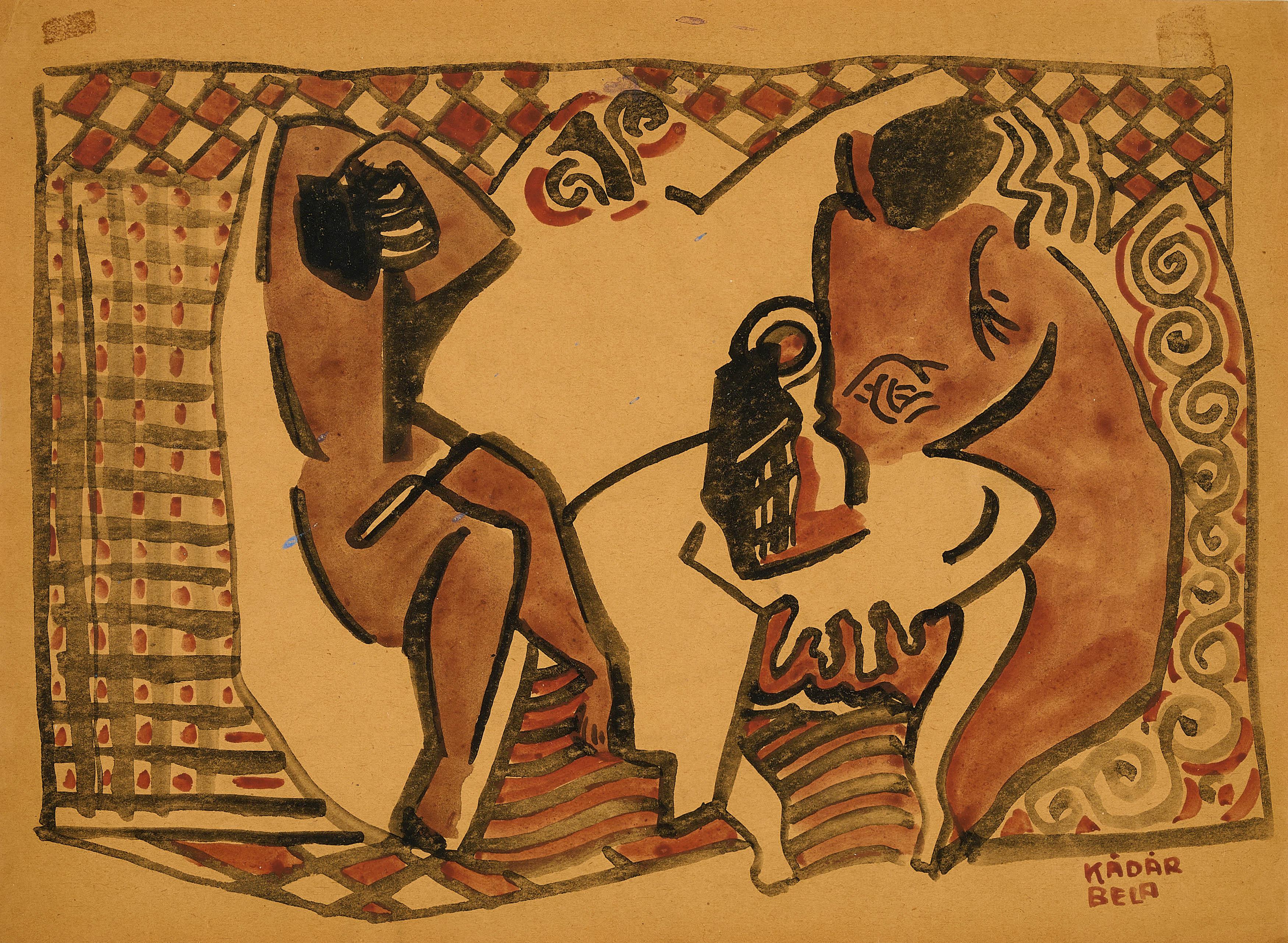 Béla Kádár - Interieur mit Figuren.