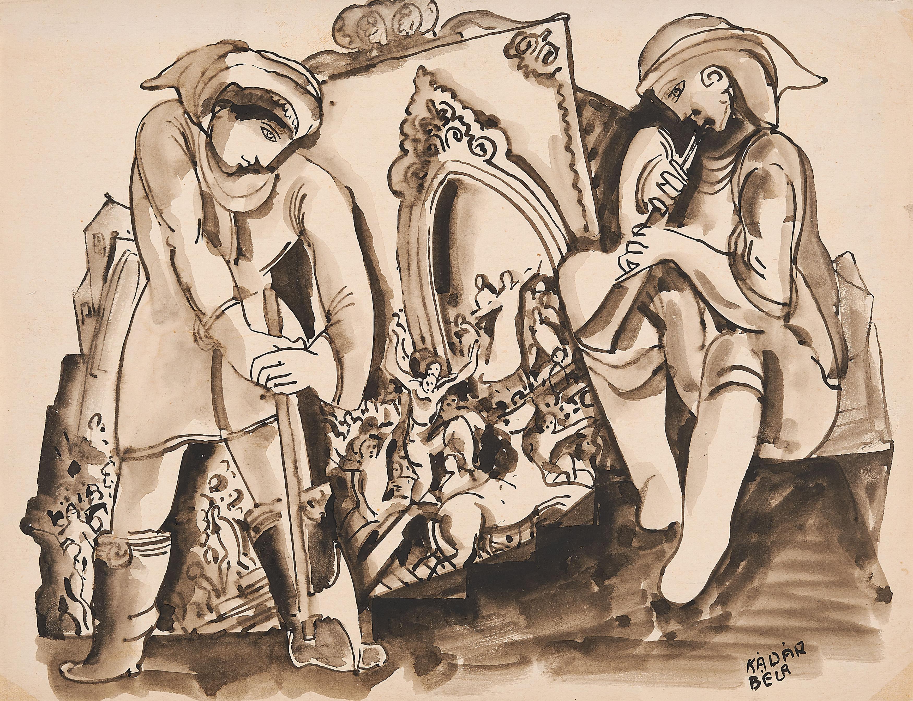 Béla Kádár - Mann mit Axt und Flötenspieler.