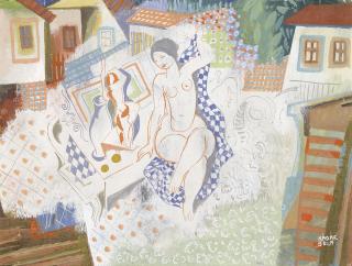 Béla Kádár - Sitzender weiblicher Akt in dörflicher Umgebung