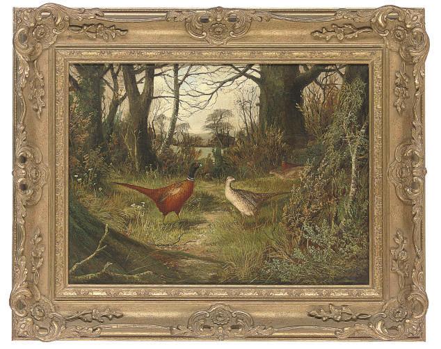 Ben Hold - Pheasants on a wooded path with a gate beyond