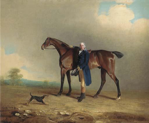 Ben Marshall - A gentleman with a bay hunter and terrier in a landscape
