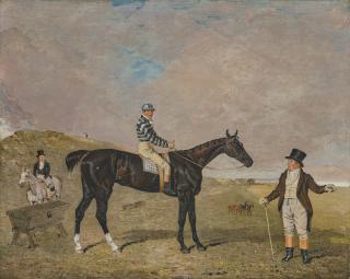 Ben Marshall - \'Bravura\', an iron-grey filly, with James Robinson up, with her owner Sir Robert Keith Dick, Bt., her trainer mounted on a grey pony to the left, on Newmarket Heath