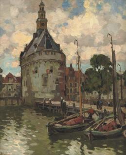 Ben Viegers - Moored sailing vessels near the Hoofdtoren, Hoorn