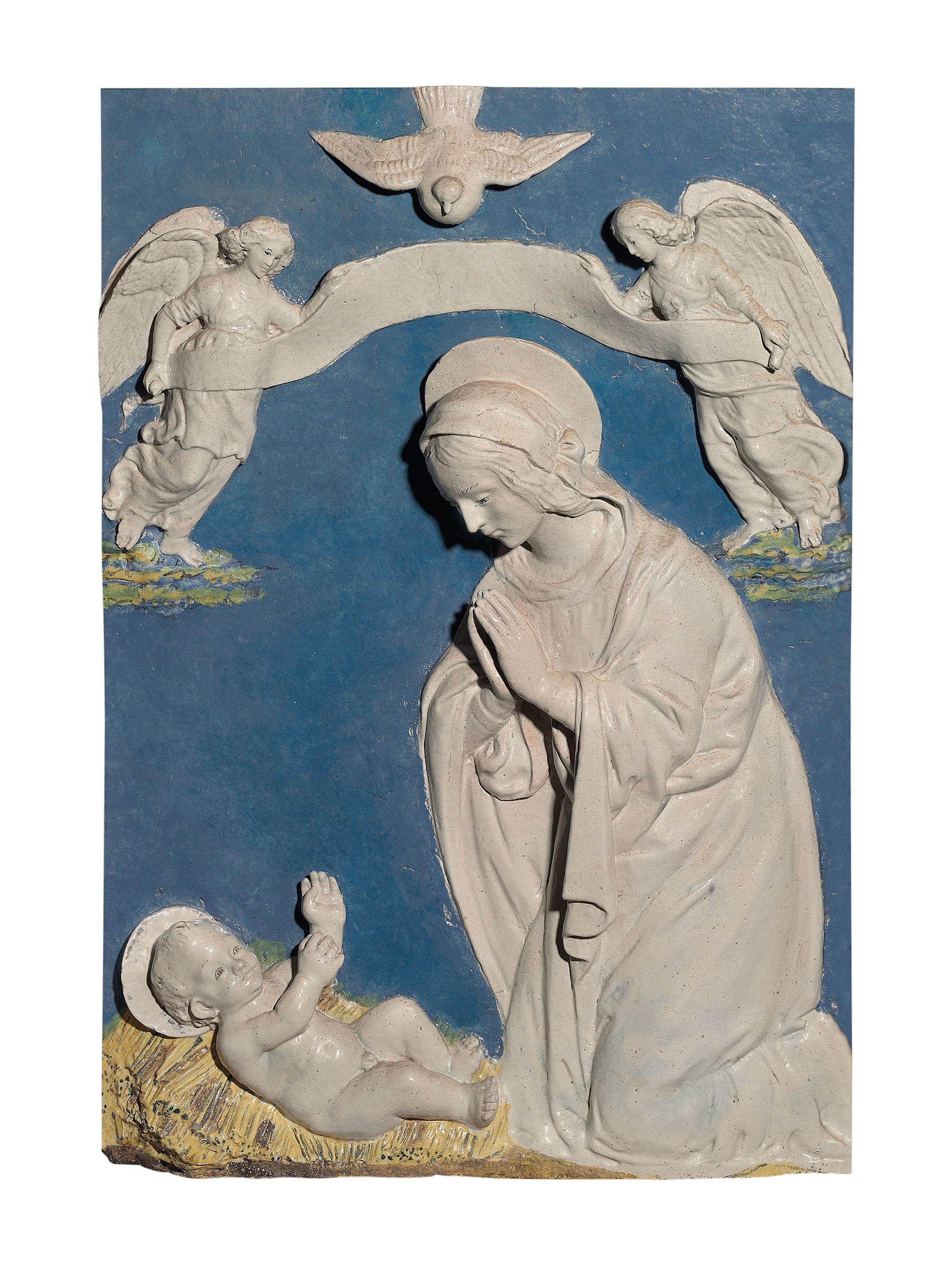 Benedetto Buglioni - Madonna Adoring The Christ Child Between Two Angels Holding A Scroll