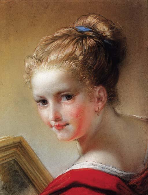 Benedetto Luti - Portrait of a young girl wearing a red dress , half-length, turned three-quarters to the left and holding a mirror