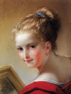 Benedetto Luti - Portrait of a young girl wearing a red dress , half-length, turned three-quarters to the left and holding a mirror