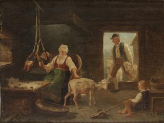 Bengt Nordenberg - Allmogeinteriör med kvinna som klipper får