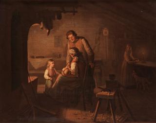 Bengt Nordenberg - Interior with a family in front of the fireplace