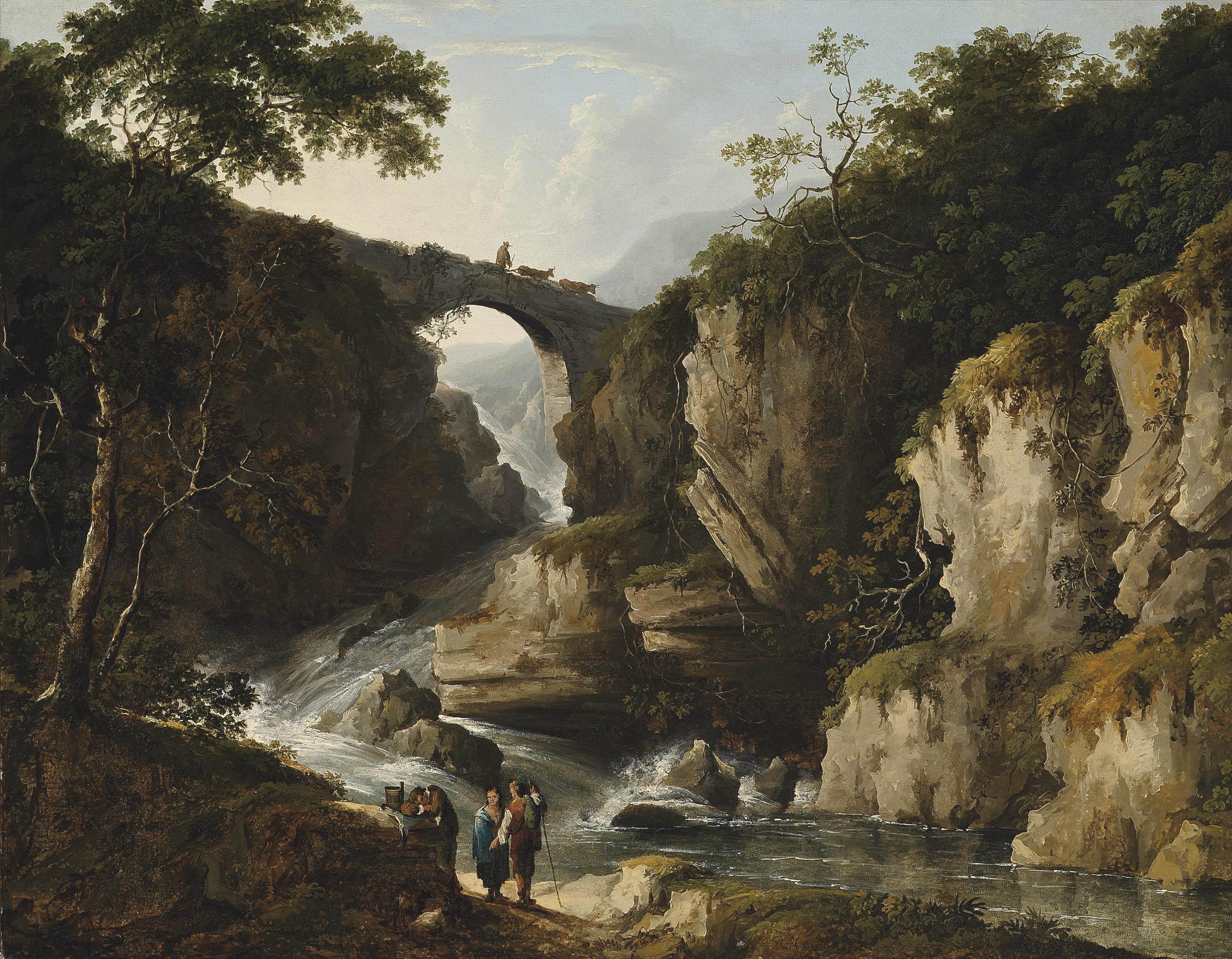 Benjamin Barker Of Bath - A wooded landscape with figures on a track, a bridge beyond