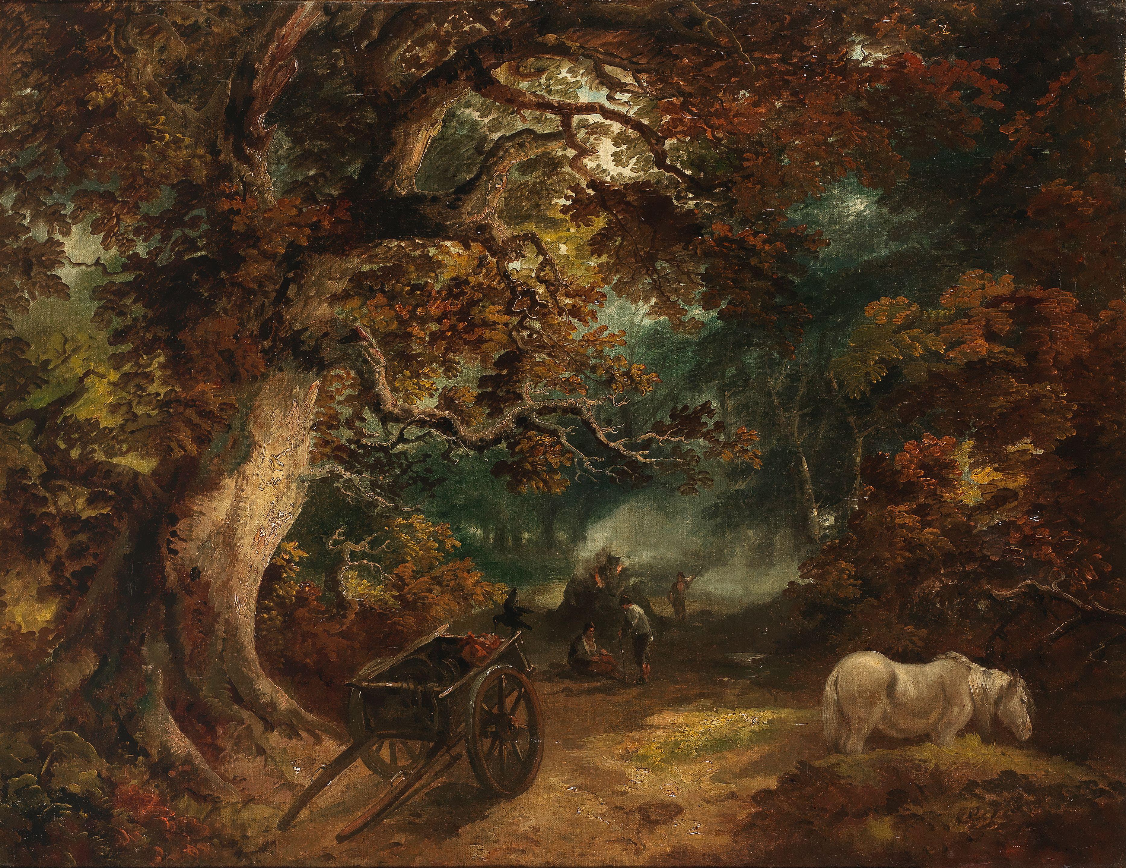 Benjamin Barker of Bath - A wooded landscape with figures resting by a fire with a wagon