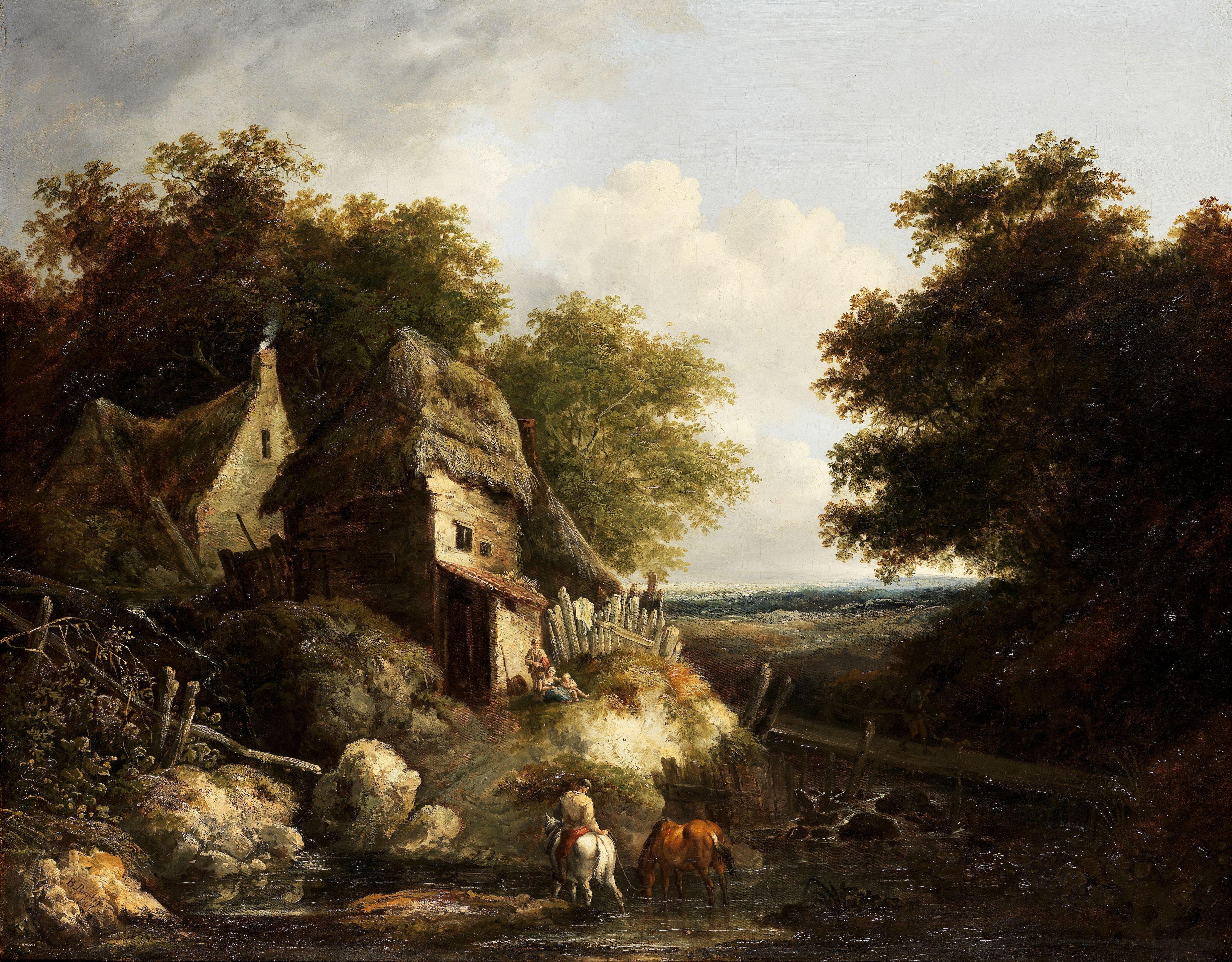 Benjamin Barker Of Bath - Figures By A Cottage, A Man On A Horse Crossing A Brook