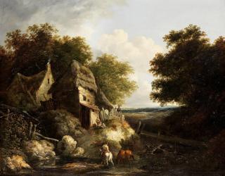 Benjamin Barker Of Bath - Figures By A Cottage, A Man On A Horse Crossing A Brook