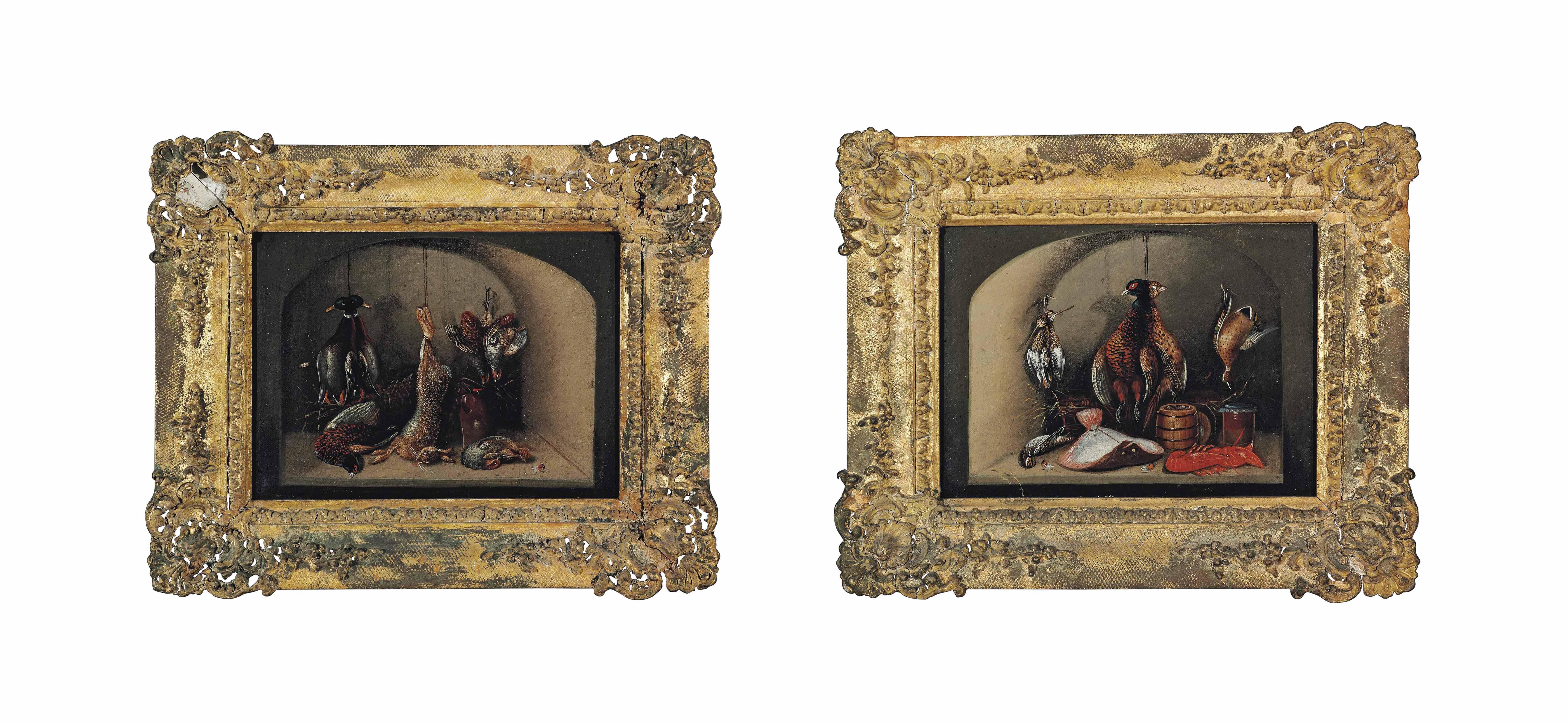 Benjamin Blake - Mallard ducks, a hare, a pheasant and partridges in a larder; and Pheasants, snipe, a lobster and a plaice with vessels in a larder