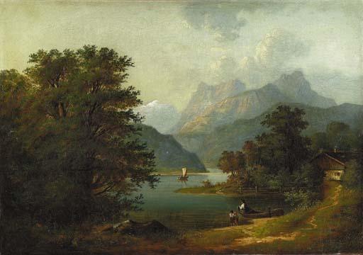 Benjamin Champney - Figures by a Cabin in a Mountainous River Landscape