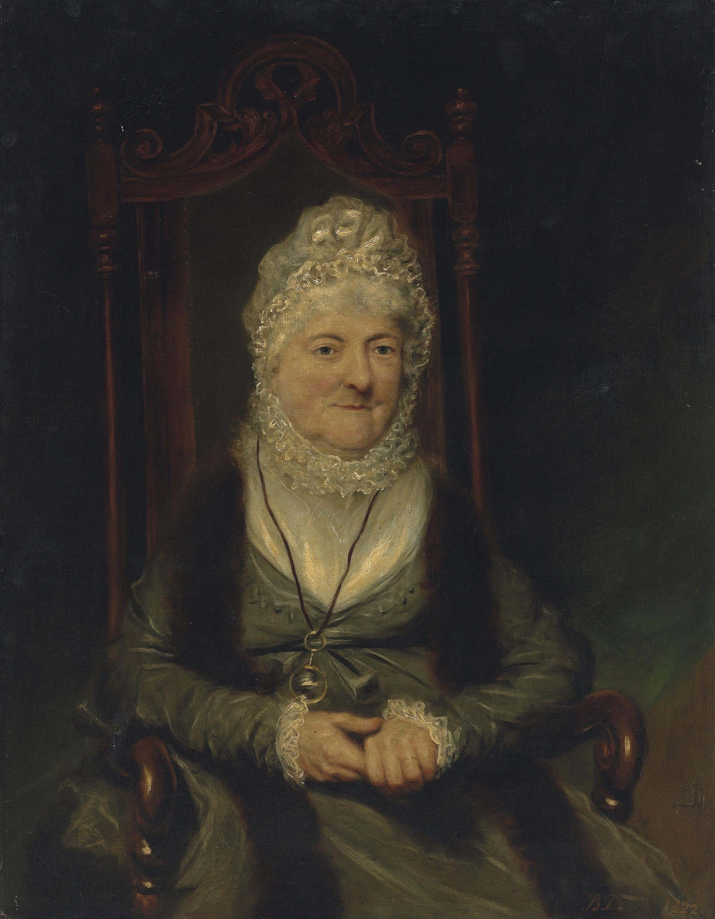 Benjamin Duterrau - Portrait of a lady, seated half length, wearing a green dress and a ribbon bonnet with a looking glass