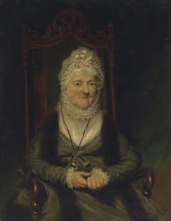 Benjamin Duterrau - Portrait of a lady, seated half length, wearing a green dress and a ribbon bonnet with a looking glass