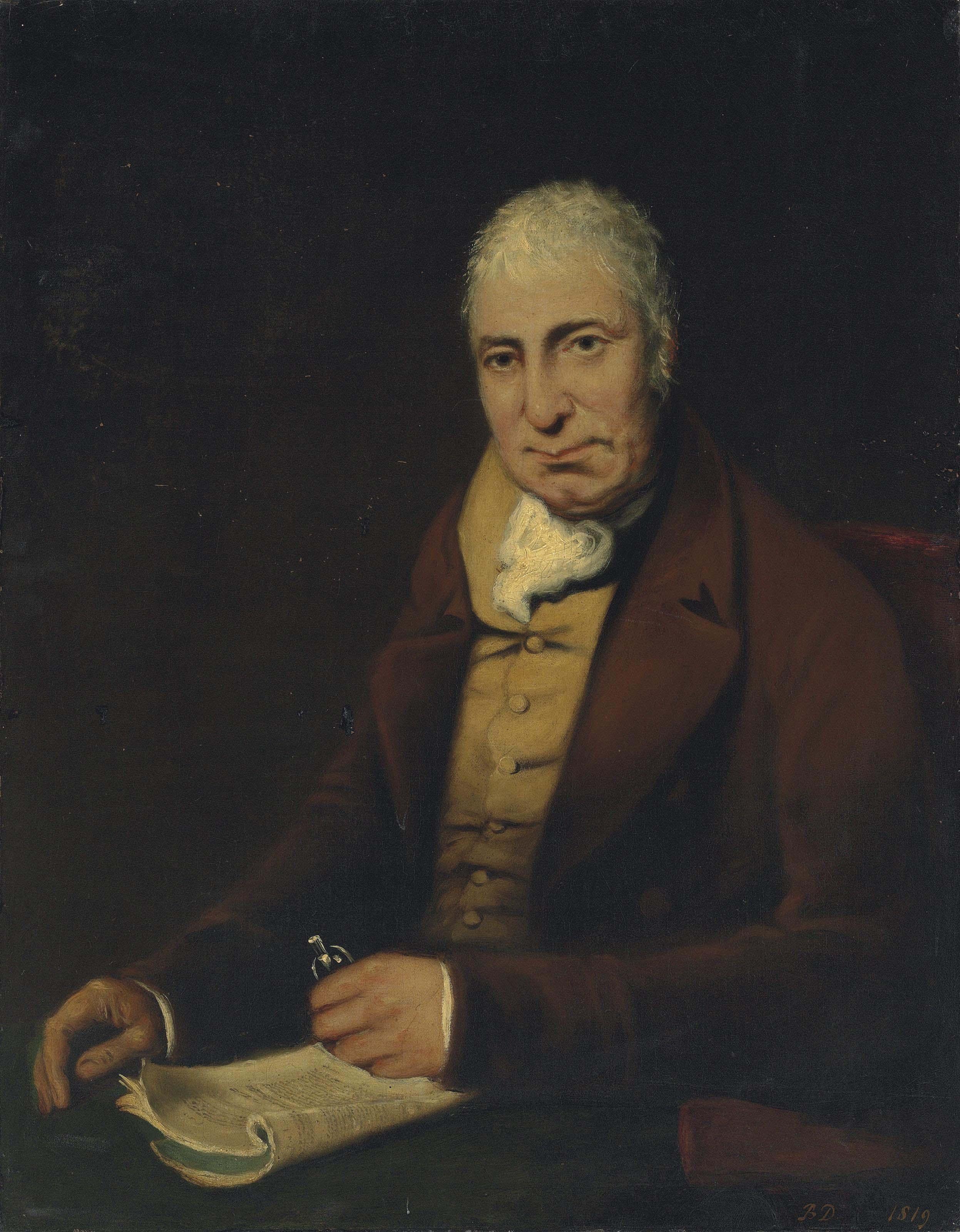 Benjamin Duterrau - Portrait of gentleman, seated half length at a table, wearing a brown coat, mustard waistcoat and stock, holding his spectacles, with a magazine