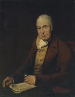 Benjamin Duterrau - Portrait of gentleman, seated half length at a table, wearing a brown coat, mustard waistcoat and stock, holding his spectacles, with a magazine
