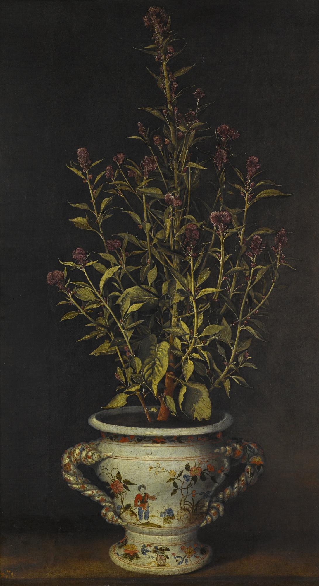Benjamin Ferrers - A Plant, Probably A Gomphrena, In A Nevers-Style Faience Jardiniere
