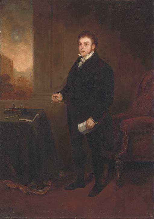 Benjamin Robert Haydon - Portrait of Robert Hawkes (1774-1836), small full-length, holding a letter and spectacles, in an interior, a landscape beyond