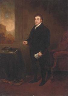 Benjamin Robert Haydon - Portrait of Robert Hawkes (1774-1836), small full-length, holding a letter and spectacles, in an interior, a landscape beyond