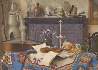 Benjamin Walter Spiers - A Connoisseur\'s Collection: Still life with a cello, violin, oranges, a lemon and a pineapple on table covered with a Persian carpet