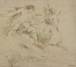 Benjamin West, P.R.A. - A kneeling woman supported by an angel with the Risen Christ, after Guercino