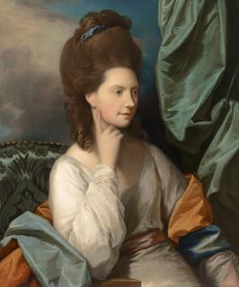 Benjamin West, P.R.A. - Mrs. William Abercromby, half-length, seated, in a white gown with a blue and gold sash