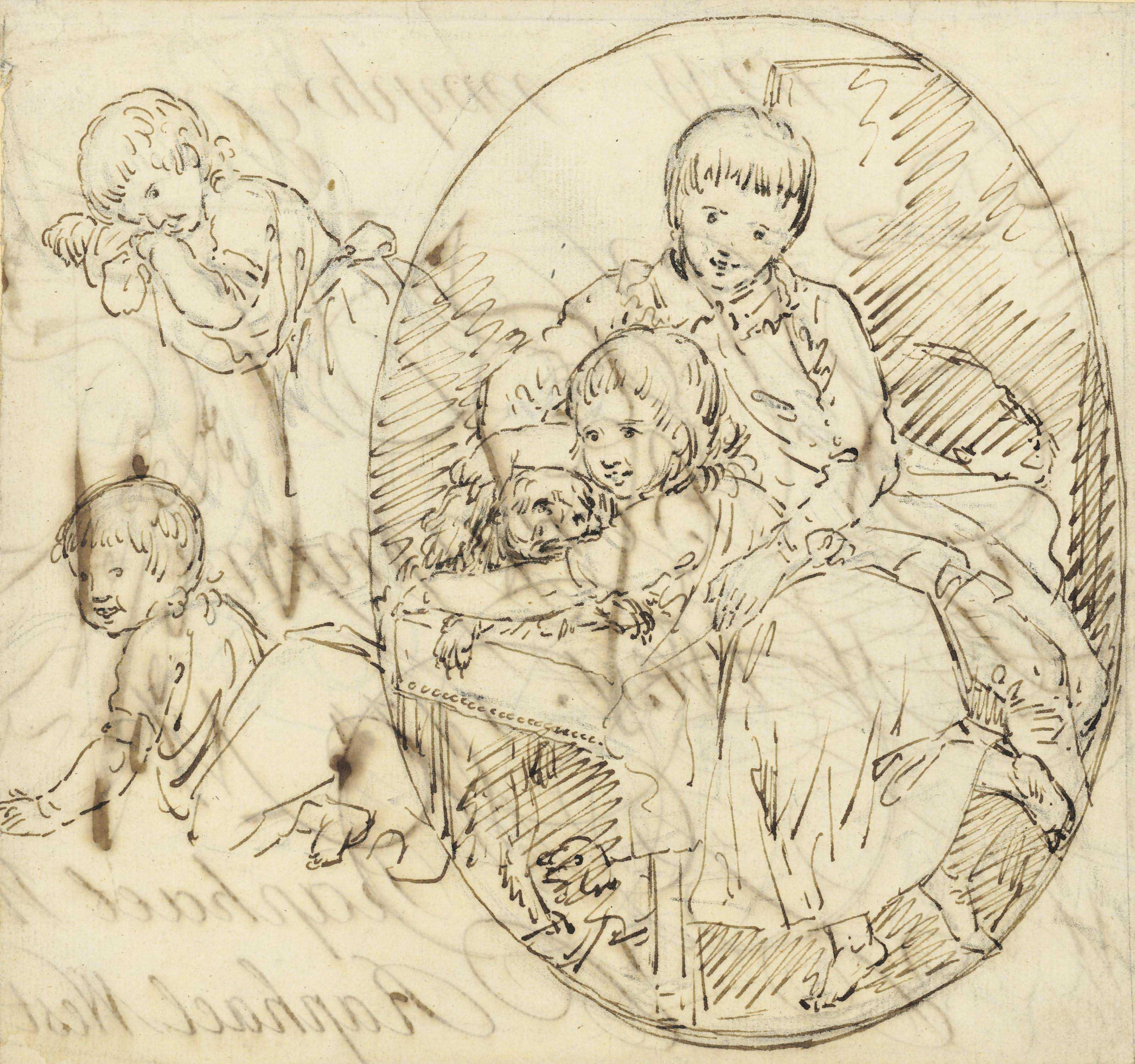 Benjamin West, P.R.A. - Study of the artist\'s children in an oval, playing with a dog  (recto ), subsidiary sketches and signatures ( verso )