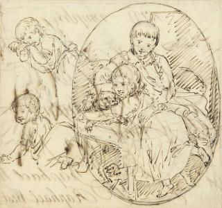 Benjamin West, P.R.A. - Study of the artist\'s children in an oval, playing with a dog  (recto ), subsidiary sketches and signatures ( verso )