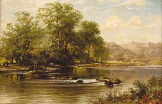 Benjamin Williams Leader, R.A. - Figures in a sunlit river landscape with mountains beyond