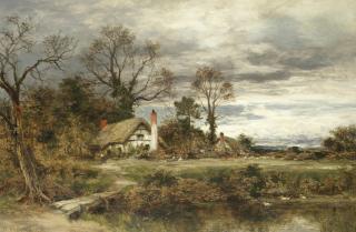 Benjamin Williams Leader, RA - Landscape with cottages by a duck pond