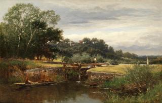 Benjamin Williams Leader, RA - The lock gate, possibly Strensham church on the Avon