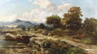 Benjamin Williams Leader - Travelers Resting by a River in a Mountainous Landscape