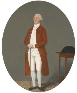 Benjamin Wilson, F.R.S. - Portrait of a gentleman, full-length, in a brown coat and white waistcoat and breeches, holding a cane, a tricorn on a table beside him