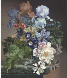 Bennett Oates - Still life with irises and petunias