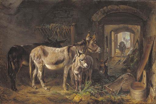 Benno Adam - Donkeys in a stable interior