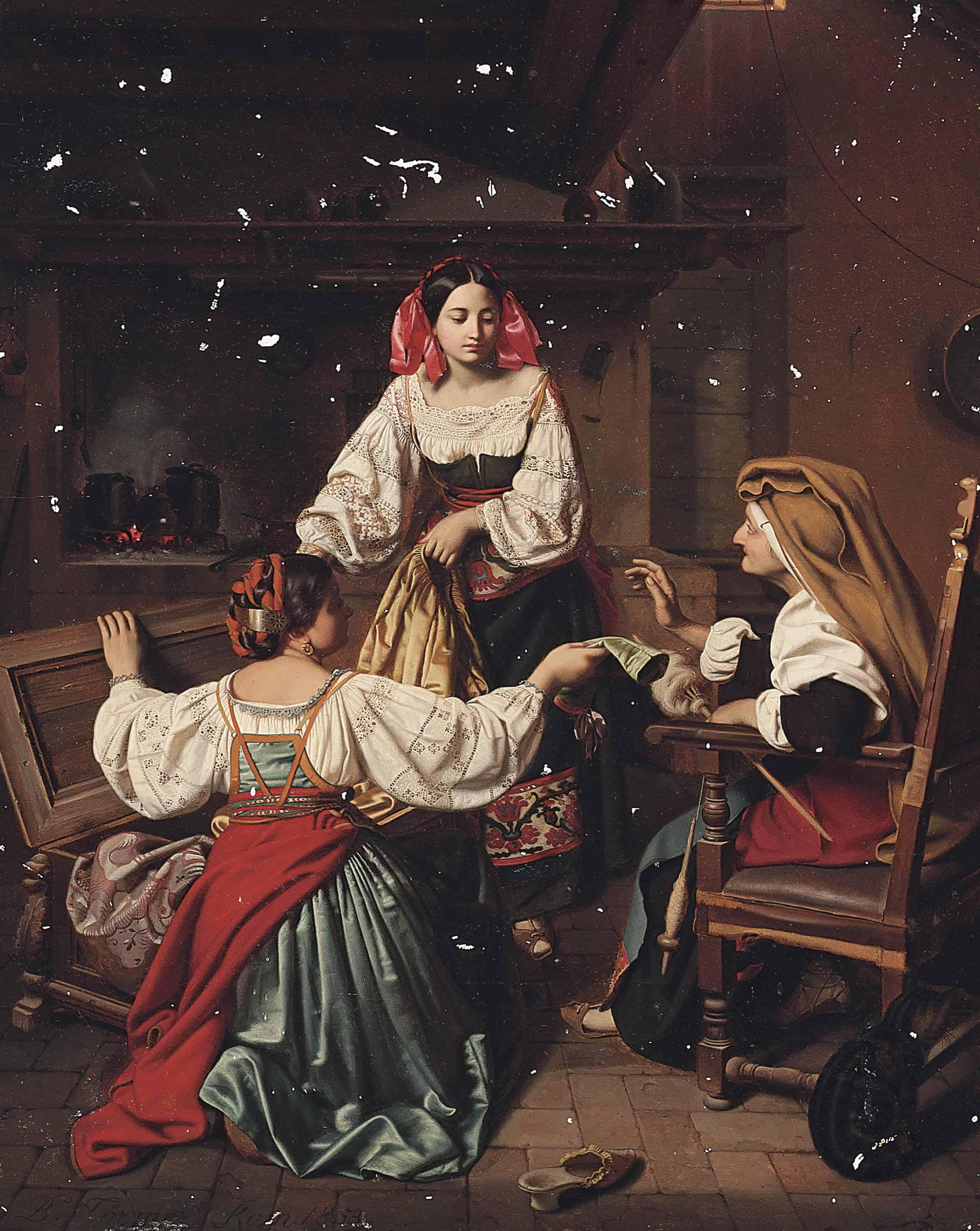 Benno Friedrich Törmer - Three ladies by a range in an interior