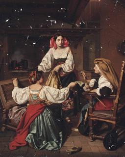 Benno Friedrich Törmer - Three ladies by a range in an interior