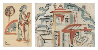 Benode Behari Mukherjee - Patna: Figure with Fish Pond; Patna: Subject Nepal