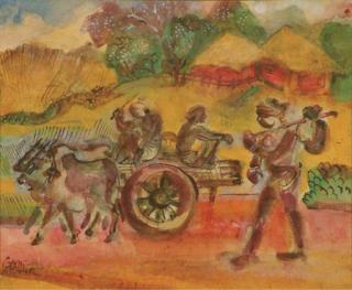 Benode Behari Mukherjee - Santhal Boys with Bullock Cart