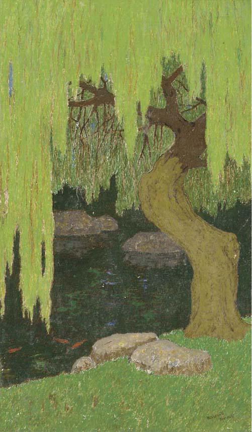 Benvenuto Benvenuti - A willow tree by a goldfish pond