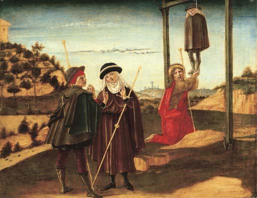 Benvenuto di Giovanni di Meo dal Guasto - Saint James the Greater rescuing the Pilgrim unjustly condemned to Death at Toulouse: a panel from a predella